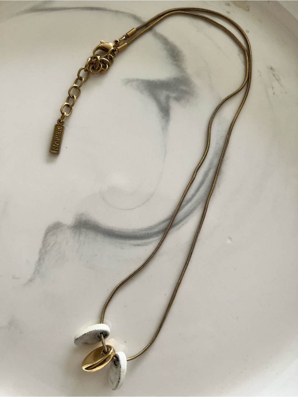Napier Gold Tone Necklace with White Disc and Gold Pendant
